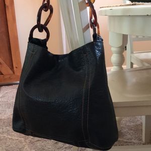 KATE LANDRY VEGAN LEATHER PEBBLED TORTOISE SHELL HANDLE HOBO BAG PURSE BOHO